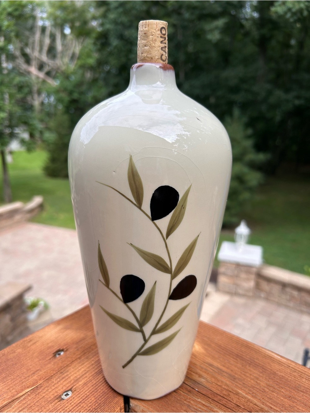 Baum Bros Olivera Collection ceramic decanter  hand-painted olive branch.